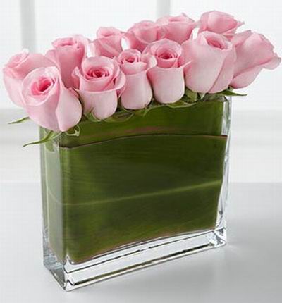 12 Roses in a slim rectangular vase.