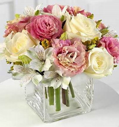 3 champagne/peach color roses, 6 pink eustomas, 6 white alstromerias in square vase (vase included)
