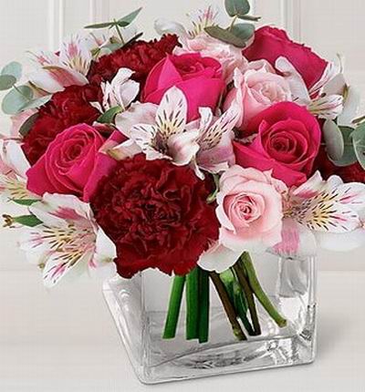 4 dark pink and 4 light pink roses with 4 red carnations and 8 alstromerias