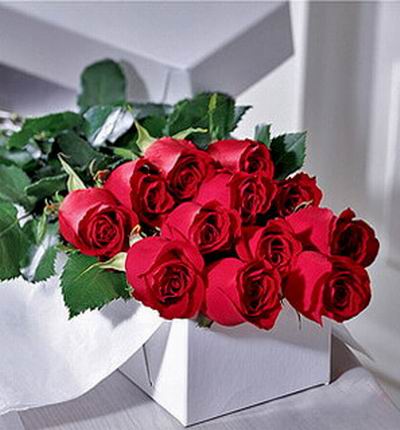 12 long stem roses (at least 60cm length) in rectangular box.  The box may vary and if unavailable a vase will be used.