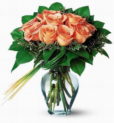 8 peach color Roses and green leaves and fillers.