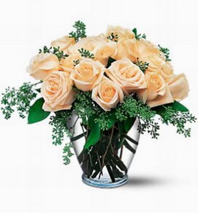 15 cream color Roses with green fillers.