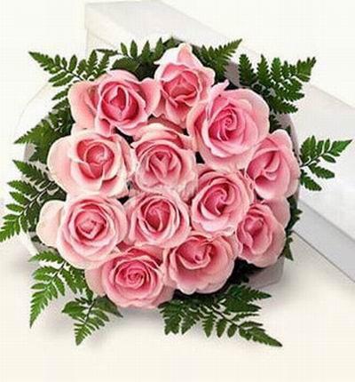 12 pink Roses and green leaf fillers in box. Boxes may vary based on availability and a vase may be used as a substitution.