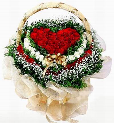 A large basket of a 40 red Rose heart shaped design surrounded by greenery with two outer layers of 30 white roses and 40 red roses. The last layer of Baby's Breath and greenery.