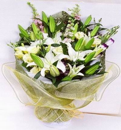 6 stems of white Lilies. 6 open Lily buds in premium wrapping