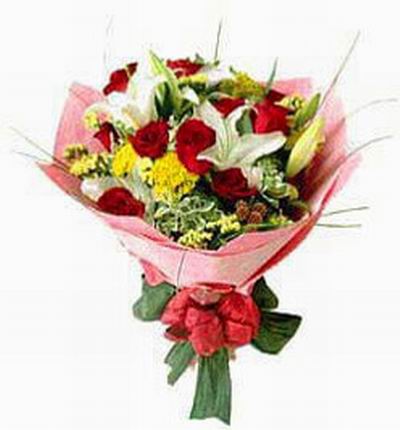 3 open white Lily buds, 10 red Roses, with Greens and fillers in premium wrapping