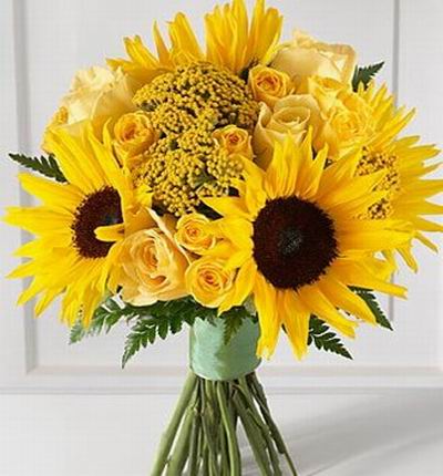 4 Sunflowers, 11 champagne/peach color Roses with Solidago fillers.