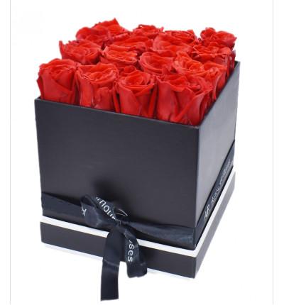 16 red roses in black box. If boxes are not available, please let us know alternatives.