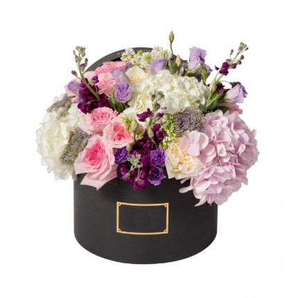 Floral mix in box. Includes pink and white hydrangeas, 6 pink roses, carnations, eustomas and fillers. If boxes are not available, please let us know alternatives.