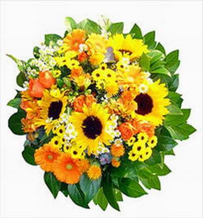 Shiny color bouquet of 4 Sunflowers, 3 Daisies or Chysanthemums, 6 orange Roses, Montecasions and fillers