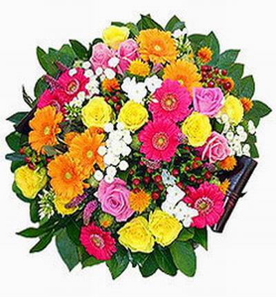 Multi-colored Daisy and Rose mix - 9 yellow, 5 pink Roses, 6 pink, 5 orange Carnations, Montecasions or Baby Breath and fillers
