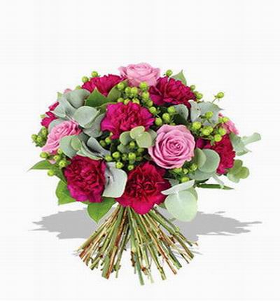 7 burgandy Carnations, 4 pink roses and greenery fillers.