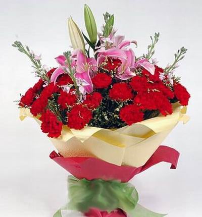 20 red Carnations, 3 pink Lily buds and greenery.