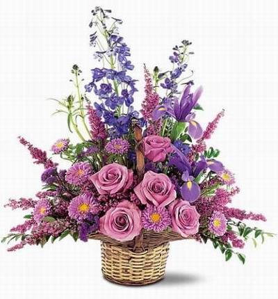 Assorted mix of purple Roses, Chysanthemums, Iris, Freeasia and fillers.