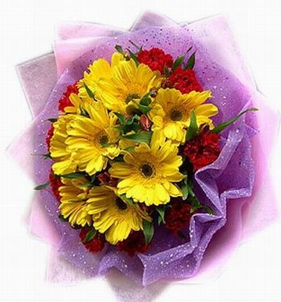 9 yellow Gerbera Daisies and 9 red Carnations.
