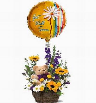3 Sunflowers, 8 Shasta Daisies, 5 Ball Poms, Freeasias and fillers with a 15 cm Teddy bear and a helium balloon. If balloons are unavailable it will be substituted with a box of chocolates.