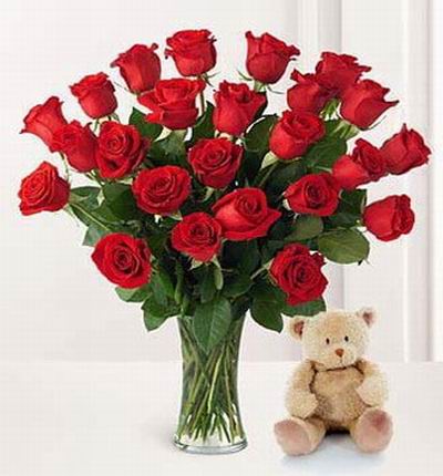 24 classic Roses with 30cm teddy bear. Teddy bears may vary based on availability.