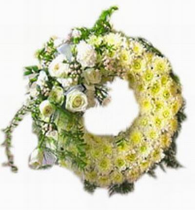 White Roses and white Chrysanthemums in wreath arrangement