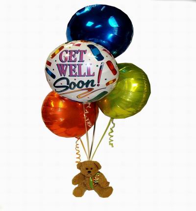 4 Helium Balloons with a very worried 20cm Teddy Bear. Teddy bear may vary based on availability and if the helium balloons are not available, we may substitute with Mylar self-blow up balloons or 8 regular blow up balloons. If in the case no balloons are