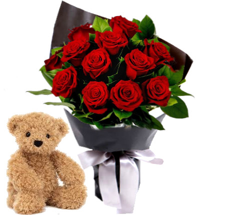 12 roses wrapped in black wrapping + 20 cm teddy bear