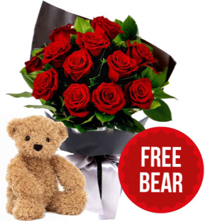 12 roses wrapped in black wrapping + 20 cm teddy bear. This is a promotion giving buyer free a bear.  Please try your best to provide low prices.