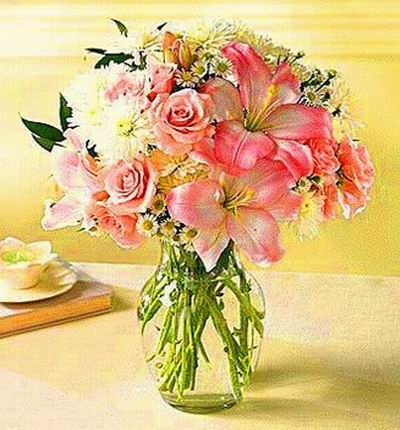 Pink color mix of 6 Roses and 3 Lilies with white Asters and Chysanthemums