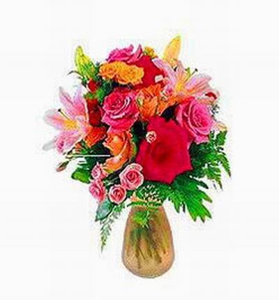 Pastel color mix of pink, red, orange/peach Roses with pink Lilies. Small  included