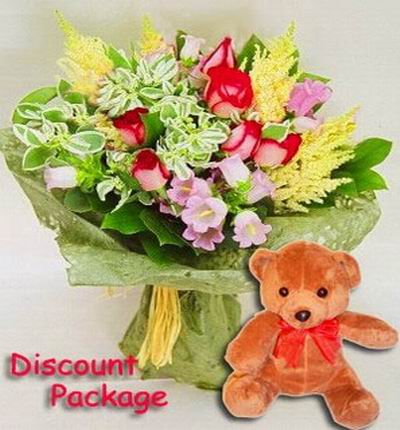 6 red Roses and pink morning glory in premium wrapping + 20cm Bear