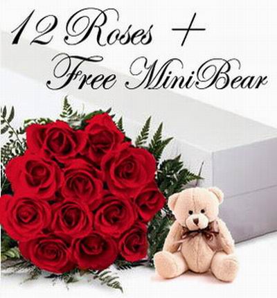 12 Red Roses + 10cm Mini Bear in gift box