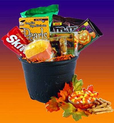 Bucket or basket of candy treats.