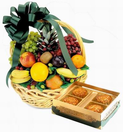 A box of Standard Mooncakes and a Fruit Basket of 1 Pineapple, 3 Bananas, 2 Oranges, 1 Peach, 1 Kiwi, 1 Plum, Surrounded by Finger Grapes and Globe Grapes.