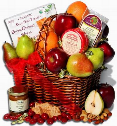 Orchard Fresh Fruits - Assorted Selection of Red Delicious Apples, Pears, Oranges. Cheese Cheddar - 1 year 8 oz., Crackers 5 oz., Old Fashioned Caramel Sauce 11.1 oz., Nuts - Mixed Deluxe Nuts 4 oz., Chocolate Cherries 2.3 oz