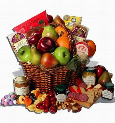 Orchard Fresh Fruits - Assorted Selection of Red Delicious Apples, Granny Smith Apples, Pears, Large Oranges. Cheese Cheddar - 1 year 8 oz., Partners Blue Star Farms Crackers 5 oz., Smoked Salmon Pillow Pack - red 2 oz.,  Summer Sausage in a Butcher Wrap 