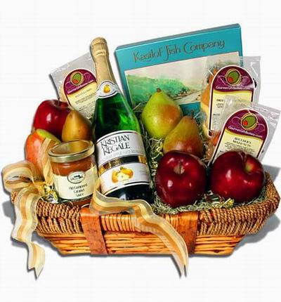 Orchard Fresh Fruits - Assorted Selection of Red Delicious Apples and Pears. Old Fashioned Caramel Sauce 11.1 oz., Smoked Sockeye Salmon Watercolor Gift Box 5 oz., Mixed Dried Fruit 8 oz.,  Nuts - Mixed Boulder's Nuts 4 oz.,  Banana Chips 4 oz., Martinell