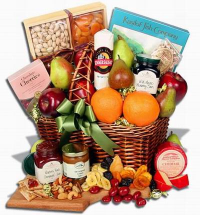 Orchard Fresh Fruits - Assorted Selection of Red Delicious Apples, Pears and Oranges.Smoked Sockeye Salmon Watercolor Gift Box 5 oz., Cheese Cheddar - 1 year 8 oz., Farms Crackers 5 oz., Summer Sausage in a Butcher Wrap 7 oz., Raspberry Peach Champagne Ja