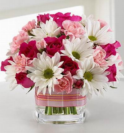 10 red Roses, 10 pink Carnations, 10 white Gerbera Daisies.