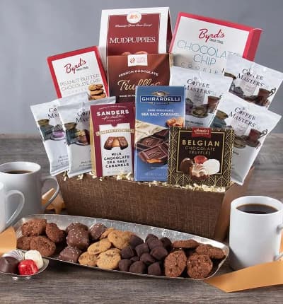Coffee and chocolate make the perfect pairing in this classic gift basket. The taste of tempting chocolate and premium ground coffees is almost impossible to resist!

Includes:
* French Chocolate Truffles - 3.5 oz.
* Milk Chocolate Sea Salt Caramels - 1 oz.
* Belgian Chocolates - 1.76 oz.
* Dark Chocolate Caramel Filled Bar - 3.5 oz.
* (4) Perfect Potfuls Assorted Gourmet Coffees - 1.5 oz. each
* Chocolate Chip Cookies - 4 oz.
* Peanut Butter Chocolate Chip Cookies - 2 oz.
* Mudpuppies - 5.5 oz.