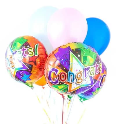 Celebrate a job well done with From You Flowers' congratulations balloon bouquet! Created by a local florist with six congratulations mylar balloons. The perfect gift for a recent graduate, a new baby or for a new job. Whatever the accomplishment you are celebrating, balloons are a wonderful gift to send..

Includes:
* Mylar Congratulations Balloons
* Decorative Ribbon