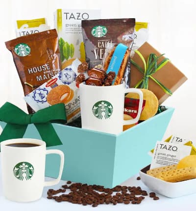 For the Starbuck's lover in your life, this is the perfect gift. Filled with Starbuck's coffee, tea and goodies, this is perfect for a birthday, Mother's Day or just because.

Includes:
* 2 Starbucks Logo Mugs
* Walker's Shortbread Cookies
* Caramel Wafer Cookie
* Starbucks Vanilla Almond Biscotti
* Starbucks Cafe Verona Ground Coffee
* Starbucks House Blend Ground Coffee
* 1 Starbucks Green Tea Tazo Tea Box
* 2 Mini Chocolate Squares
* Gift Box